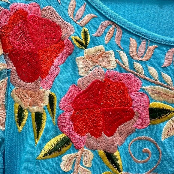 Tunique Embroidered Chiffon Tunic Top Women's Size S Blue Bell Sleeves Boho Chic - Picture 8 of 15